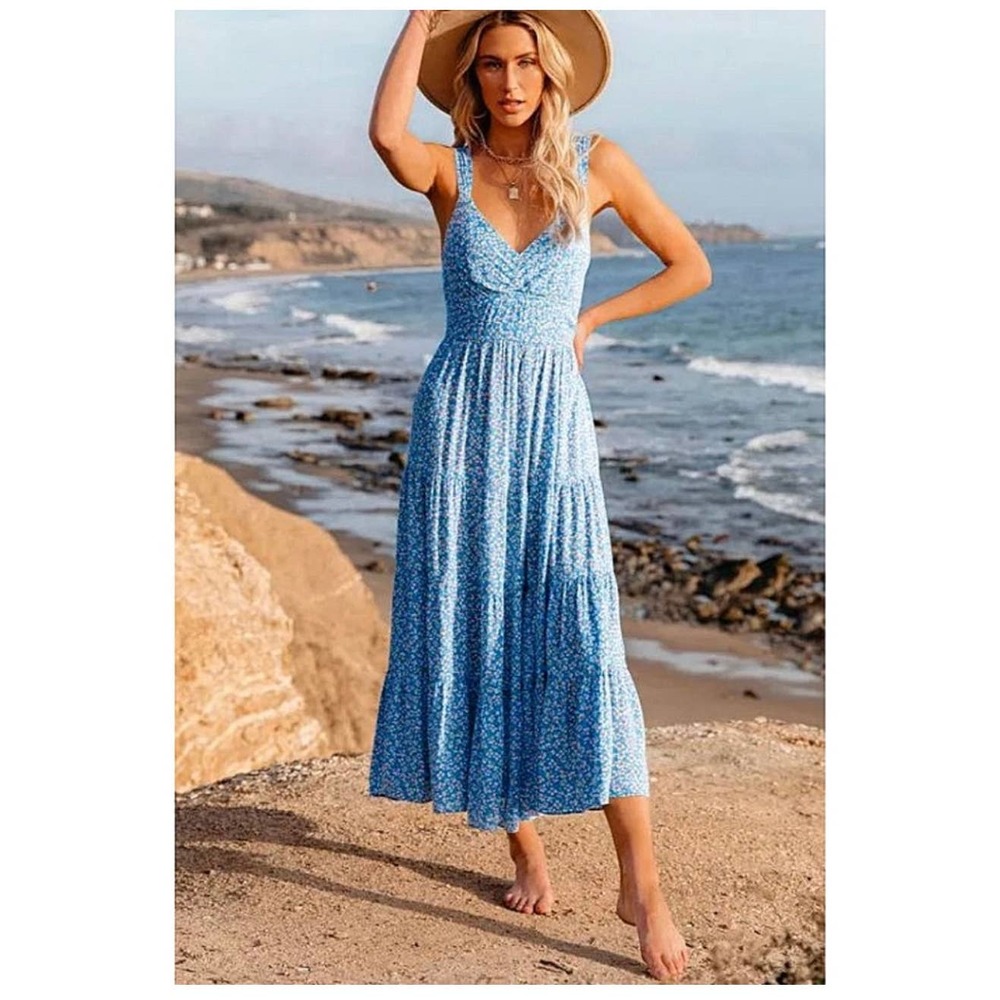 Blue & white v-neck floral peplum hem maxi dress w/ cutout & bow detail